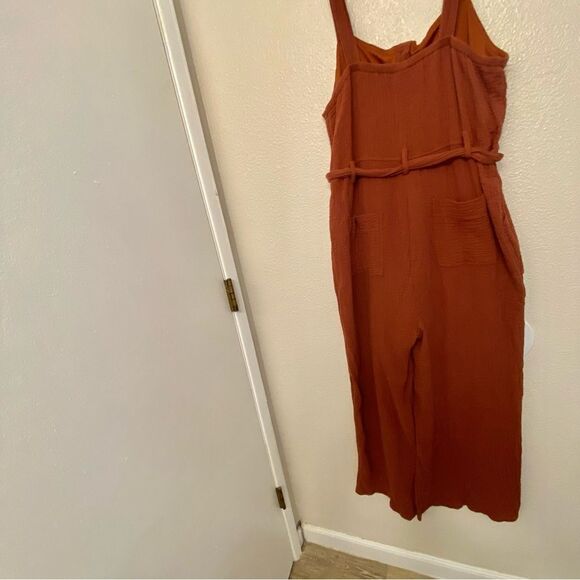 Orange Lagenlook cotton gauze muslin wide leg jumpsuit beltvbutton pocket L - Picture 3 of 13